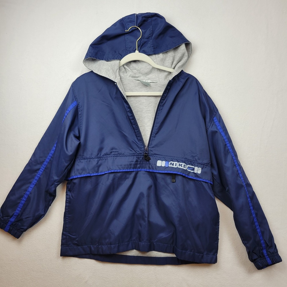 Vintage Nike‎ Anorak Jacket Blue Hooded Pullover Logo Size Youth Large 14-16